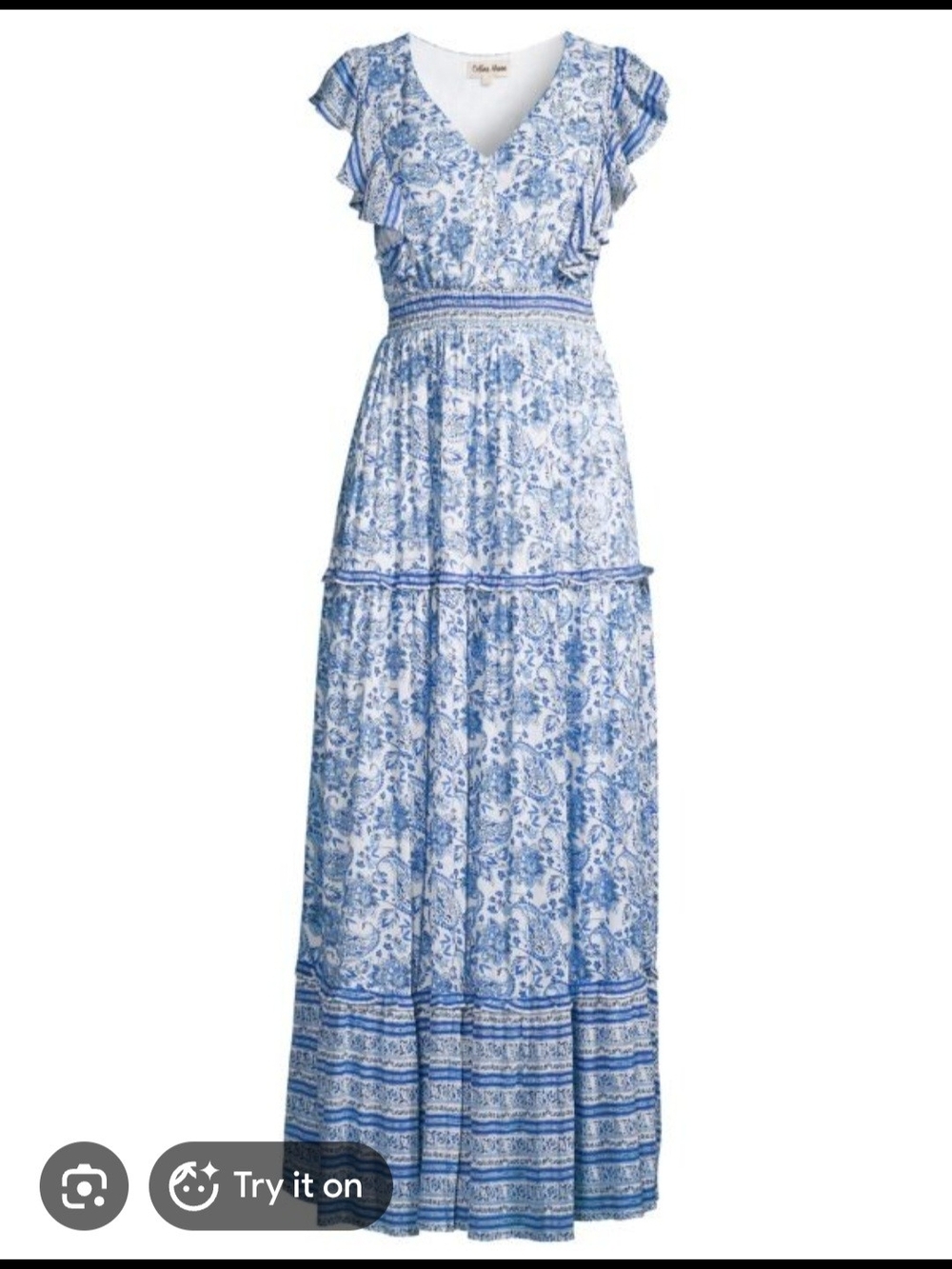 CELINA MOON Blue and White Floral Ruffle Sleeve Maxi Dress. Size Medium NWT